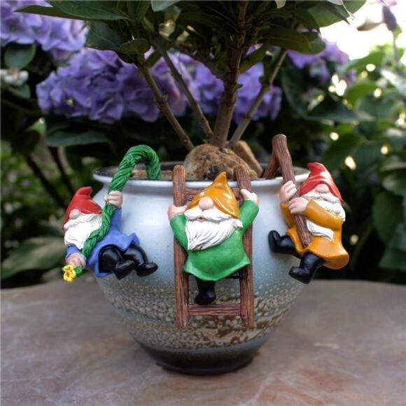 Set of 3 Garden Gnome Statues for Plant Pots Whimsical Climbing Dwarf Figurines - Picture 5 of 7